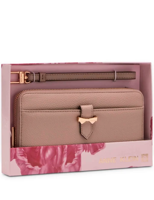 Online Anne Klein AK Boxed Slim Zip Wallet With Bow Detailing And Wristlet Strap Stone