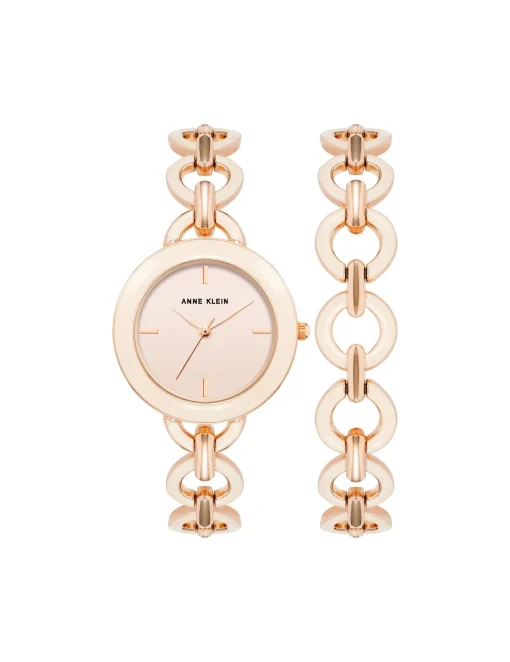 Fashion Anne Klein Boyfriend Circular Link Bracelet Watch Set- Sale Blush Pink/ Rose Gold Tone
