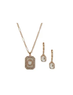 New Anne Klein Emerald Cut Stone Pendant Necklace And Earring Set