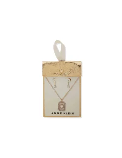 New Anne Klein Emerald Cut Stone Pendant Necklace And Earring Set