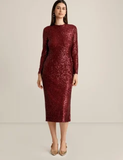 Fashion Anne Klein Long Sleeve Mock Neck Fitted Midi Dress Red Ruby