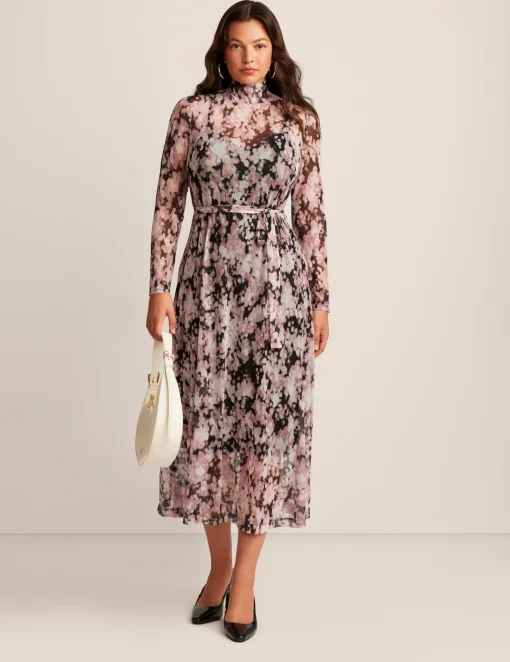 Best Anne Klein Long Sleeve Mock Neck Midi Dress Anne Black Multi