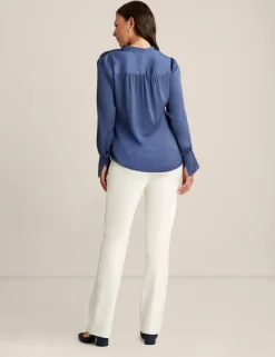 Hot Anne Klein Long Sleeve V Neck Pleat Front Blouse Midnight Dusk