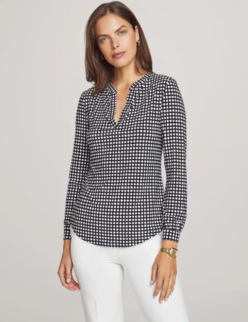 Best Sale Anne Klein Pearly Dot Long Sleeve Split Neck Blouse Anne Black/ Anne White