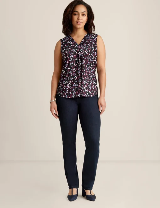 Best Sale Anne Klein Printed Ity Pleat Front Shell Deep Plum Multi