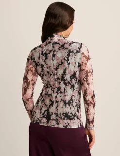 Flash Sale Anne Klein Printed Mesh Zip Back Mock Neck Wistful Rose Multi