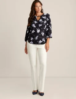 Fashion Anne Klein Printed Pleat Neck Blouson Top Midnight Dusk Multi