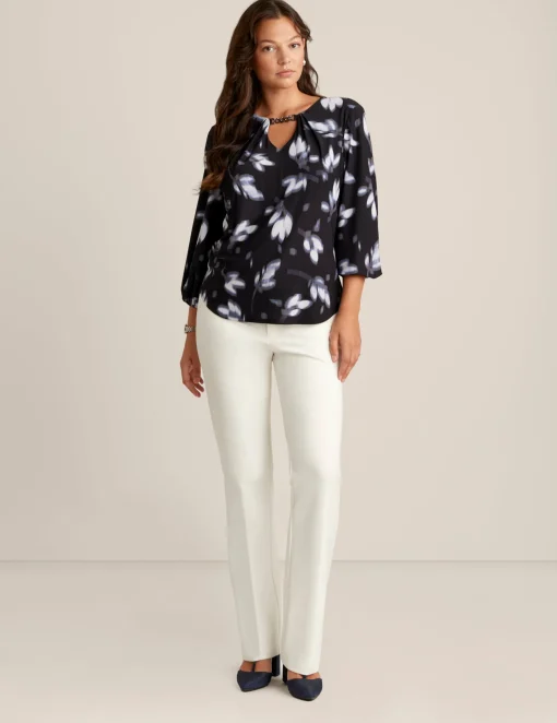 Fashion Anne Klein Printed Pleat Neck Blouson Top Midnight Dusk Multi