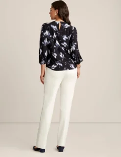 Fashion Anne Klein Printed Pleat Neck Blouson Top Midnight Dusk Multi