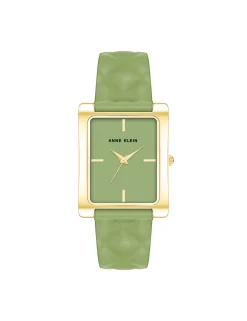 Best Anne Klein Rectangular Case Quilted Leather Band Watch Green/Gold-Tone
