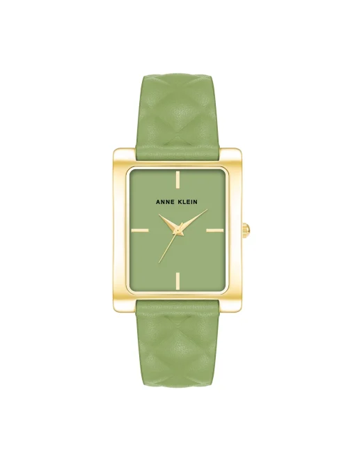 Best Anne Klein Rectangular Case Quilted Leather Band Watch Green/Gold-Tone