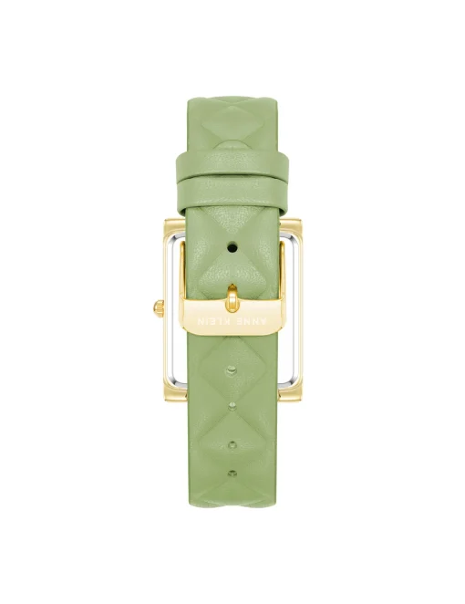 Best Anne Klein Rectangular Case Quilted Leather Band Watch Green/Gold-Tone
