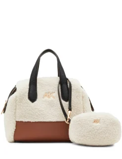 Best Sale Anne Klein Sherpa Mini Satchel With Mini Pouch Chestnut/ Black/ Cream