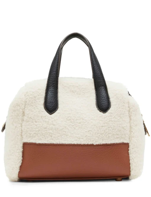 Best Sale Anne Klein Sherpa Mini Satchel With Mini Pouch Chestnut/ Black/ Cream