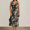 New Anne Klein Smocked Bodice Midi Anne Black/Ivory Shell