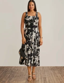 New Anne Klein Smocked Bodice Midi Anne Black/Ivory Shell