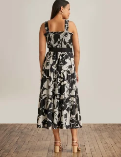 New Anne Klein Smocked Bodice Midi Anne Black/Ivory Shell