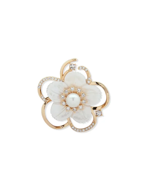 Fashion Anne Klein White Flower Brooch Gold